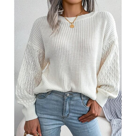 Women's Honeycomb Long Sleeve Sweater Lightweight Crew Neck Knit Pullover - Picture 2 of 7